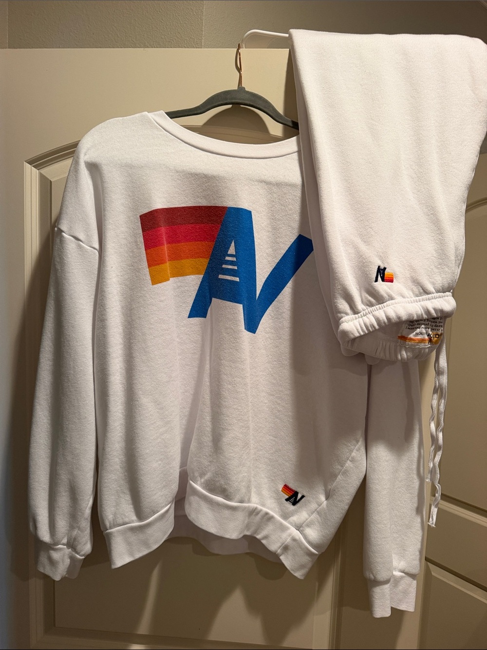 Aviator Nation White Sweatshirt and Joggers with Rainbow AV Logo